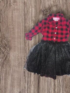 Pink Platinum Red Buffalo Plaid & Black Glitter Tulle Holiday Dress Size 2T
